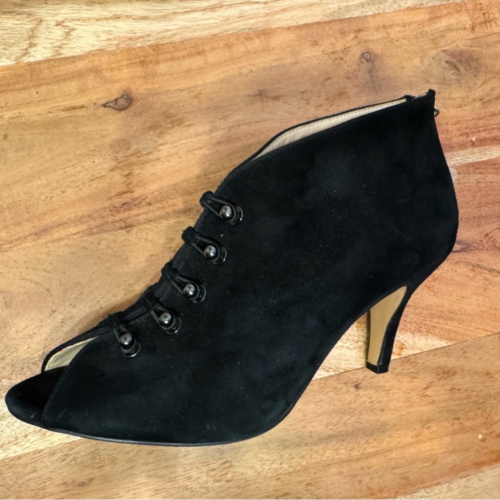 New Adrienne Vittadini Black Suede Peep-Toe Heeled Boots